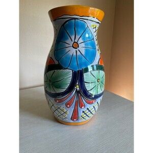 9" Floral Vase Blue Yellow Green Orange Black Made in Mexico